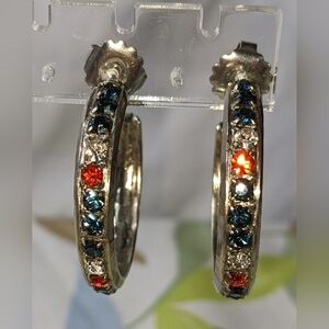SORRELLI Silver-tone With Red, Clear, & Blue Crystal Pierced Post Hoop Earrings